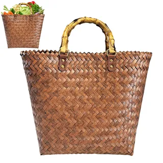 Einkaufskorb Geflochten aus Kunststoff, Flechttasche Groß, Korb Geflochten, Korbtasche Sommer, Korb Taschen für Damen, Wasserdicht Strandtasche, Basttaschen, Einkaufstasche Geflochten Tasche (F)