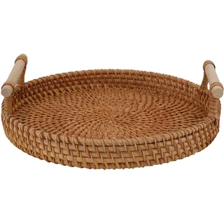Rattan-obstkorb Mit Griffen Aus Massivholz, Handgeflochtenes Rundes Serviertablett Für Brot Und Obst