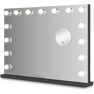Bayt Schminkspiegel mit Beleuchtung 58x46 cm - Hollywood Kosmetikspiegel 18 LED dimmbar, 3 Lichtmodi, 10× Vergrößerung, Touchscreen, Standspiegel oder Wandmontage, Schwarz