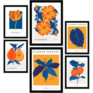 POSTER Set Mit 6 Blumen Oranger Dschungel Natur Und Botanikdrucke Für Innenarchitektur A3 & A4 Schwarzer Rahmen