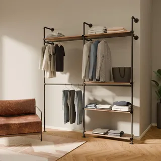 pamo Offener Kleiderschrank Wandmontage Industrial – Begehbarer Kleiderschrank System mit Eichenholz-Regal | Wandsystem aus Wasserrohren Metall schwarz | 360 kg Traglast | 201 x 222 cm