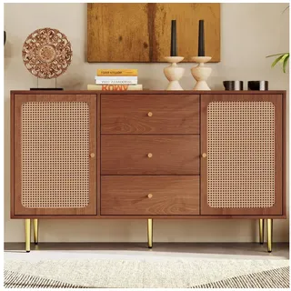 Flieks Kommode, Sideboard 3 Schubladen 2 Türen Rattan Nussbaum 150x40x90cm beige