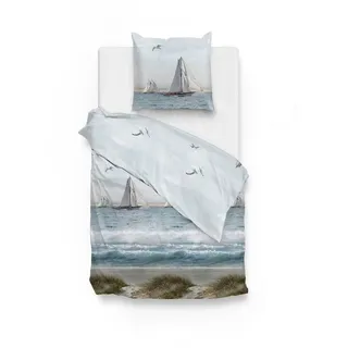 ZO HOME Bettwäsche Maritim, Baumwolle, 3 teilig, Segelboote, Möwen, Düne, Meer blau