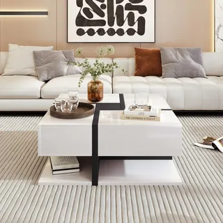 Merax Couchtisch Wohnzimmertisch mit 4 Schubladen Hochglanz, Modern Beistelltisch Kaffeetisch mit Zwei Ablageebenen, Multifunktionaler Sofatisch Mitteltisch, einzigartige Design, 78x78x36cm, Weiß