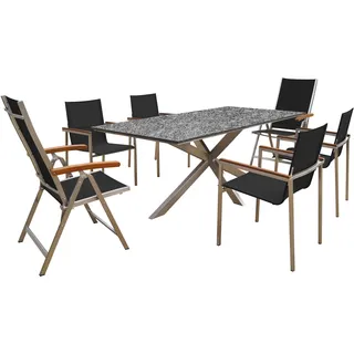 OUTFLEXX Garten-Essgruppe, silber/schwarz, Edelstahl/Granit/Textil, 200x100 cm, 4 Gartensessel, 2 Klappstühle, Armlehnen aus Teak