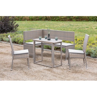 Merxx Eckbank Set + 2 Stühle inkl. Kissen - Stahlgestell mit Kunststoffgeflecht grau/beige - 50506-258