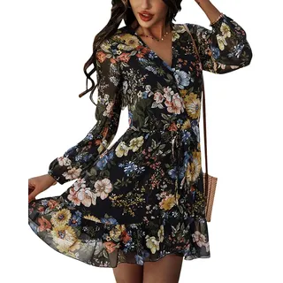 Sommerkleider Damen Blumenkleid V Ausschnitt Chiffon Kleider Langarm Kleid Swing Rüschen A-line Minikleider Elegant Cocktailkleid Partykleid Strandkleider Casual für Herbst Frühling Sommer Schwarz S - S