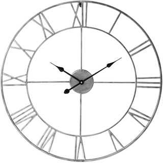 LW Collection Wanduhr Olivier Silber 80cm - Große Wanduhr mit römischen Ziffern - Moderne Industrielle Leises Wanduhr - Stille Uhr