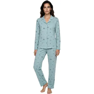 Zeitlos Schlafanzug Damen Langarm Pyjama Mond Sterne Knöpfe Baumwolle M-2XL, Farbe:Mint, Größe:XL - XL