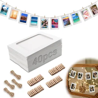 Mbsomnus 40 Stück Fotogirlande 10x15cm Fotoleine mit Klammern Weiß | Papier Bilderrahmen, mit 40 Holzklammern, 4 Hanfseil, Karton Fotorahmen 6 Zoll, DIY, Geburtstag, Hochzeit, Party, Wand