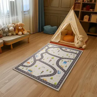 Navaris Kinderteppich Spielteppich 120x80cm Autoteppich weich Straßen-Design