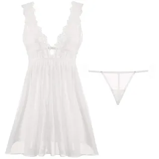 Damen Sexy Negligee Babydoll,Sexy Babydoll Dessous Nachtwäsche Babydoll Mit G-String Ärmellose Blumen Spitze Mesh V-Ausschnitt Kleid Chemise Bifurkation Rückenloses Nachthemd Nachtwäsche,Weiß,M. - M