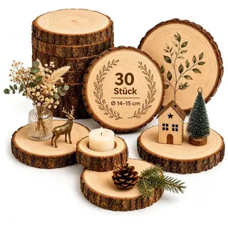 lindahandel Dekotablett Holzscheibe rund 14-15cm unbehandelt – Kiefer Naturholz (30 St), Baumscheibe ohne Loch für DIY, Deko & Hochzeit – 10mm stark beige