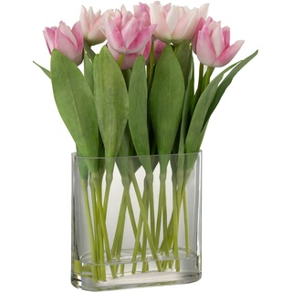 J-Line Tulpen in ovaler Vase, Kunststoff, Glas, Rosa