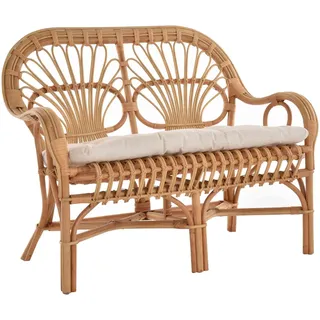 Krines Home Sitzbank Retro Rattanbank 50er / 60er Jahre-Stil Wintergarten 2er Küchenbank, Zweisitzer Natur Rattan Bank Sofa Wintergartenbank inkl. Sitzpolster weiß