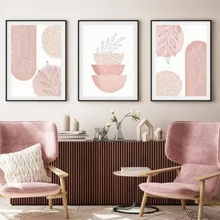 Xiyocadt 3er Rosa Poster Set, Boho Abstrakte Wandkunst, Boho Pflanzen Leinwand Bilder, Geometrische Abstrakte Bilder, Wohnzimmer Schlafzimmer Decor, Ohne Rahmen (50 x 70 cm)