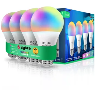 Nous P3Z ZigBee Smart Glühbirne E27 LED, RGB, Kompatibel mit Alexa, Home Assistant, Google Home, SmartThings, Fernbedienung, Dekorative Glühbirne Zubehör, 4 Pack