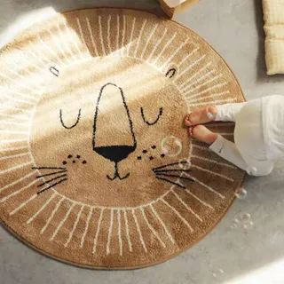 Runder Teppich Löwenkopf Muster Carpet Lion Rugs,Brown, ø 200 cm, Moderner weicher Teppiche Kurzflor fürs Kinder Jugendzimmer Kinderzimmerteppich Spielmatte,