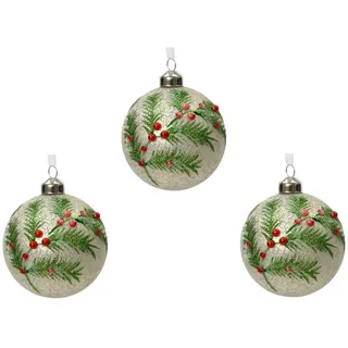 Decoris season decorations Weihnachtsbaumkugel, Weihnachtskugeln Glas 8cm mit Motiv zweig und Beeren - Silber / Matt grau|silberfarben