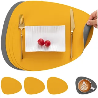Myir JUN Tischsets Leder und Untersetzer, Tischsets Abwaschbar Rund Doppelseitigen rutschfest Platzdeckchen Leder Kunstleder Tischset Lederoptik Platzset (Grau Gelb, Satz von 4)