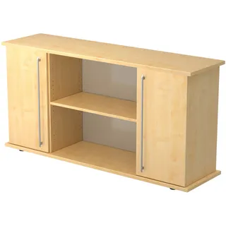 bümö Sideboard Ahorn mit Flügeltüren & Regal - Büromöbel Sideboard Holz 166cm breit, 45cm schmal, Büro Schrank für Flur oder als Wohnzimmer-Kommode mit Relinggriffen