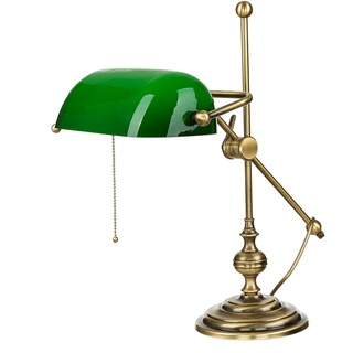 Licht-Erlebnisse Bankerlampe aus Echt-Messing bronziert Premium Qualität Glas Schirm grün verstellbar für Arbeitszimmer Wohnzimmer Bibliothek Bankerleuchte Tischlampe