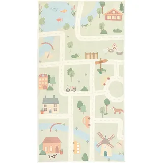 Lindorug Kinderteppich Living Ecovia, waschbar, Pastellblau, Salbeigrün, Aprikose, Textil, Bauernhof, rechteckig, 80x150 cm, Oeko-Tex® Standard 100, für Fußbodenheizung geeignet, rutschfest, in verschiedenen Größen erhältlich, wasserabweisend, schmutzabweisend, Hausstauballergiker feuchtraumgeeignet, stuhlrollengeeignet, waschbar, pflegeleicht, strapazierfähig, reißfest, rutschfeste Unterfläche, vegan, Teppiche & Böden, Teppiche, Teppich Kinderzimmer
