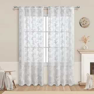 2er Set Weiße Spitze Gardinen Vorhang Blumen Schmetterling Druck Gardinen Voile Dekoschal Ösenvorhang Halbtransparente Ösenschal Fensterschal für Schlafzimmer Wohnzimmer Bauernhaus,100x130cm(BxL)