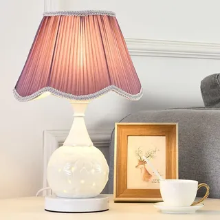 Mengjay Tischlampe Retro Keramik,E27 Tischleuchte Deko Wohnzimmer,Vintage Nachttischlampe mit Stoff Lampenschirm,Schreibtischlampe Schlafzimmer Kinderzimmer Büro Deko (Lila)
