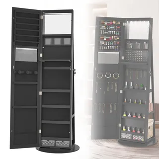 ACXIN Drehbarer Schmuckschrank mit LED Beleuchtung Make Up Organizer Standspiegel Ganzkörperspiegel Schmuckaufbewahrung Schrank für Ohrringe Halsketten Armbänder, Schwarz
