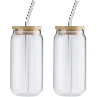 baijiexun 2 Stück Trinkgläser, 368 ml Bierdosen-Set mit Deckel und Strohhalm, in Dosenform geformte Glasbecher, Eisteegläser, wiederverwendbarer für Eiskaffee, Cocktail, Wein Wasser, Durchsichtig