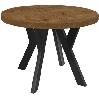 Runder Ausziehbarer Tisch für Esszimmer, PERO, Loft-Stil, Skandinavische, Durchmesser: 80 / 130 cm, Farbe: Eiche Lefkas / Schwarz