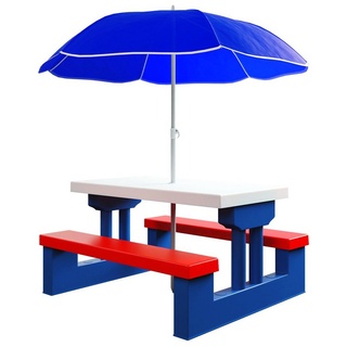 Deuba Sitzgruppe, Kindersitzgruppe mit Sonnenschirm UV Schutz Picknickset Tisch Bänke weiß