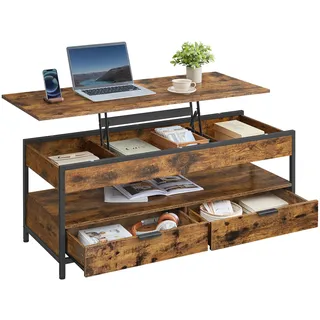 VASAGLE Höhenverstellbarer Couchtisch Vintagebraun/Tintenschwarz Stahl 50 x 120 cm