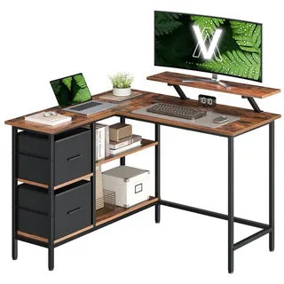 VASAGLE Schreibtisch LWD097B01, braun / schwarz, mit 2 Schubladen und 2 Regalfächer, L-Form, 135 x 76 x 105 cm