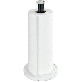 WENKO Küchenrollenhalter Marmor, stehender Halter für Küchenrollen in eleganter Marmor-Optik für die Küche, mit Boden aus Kunststoff und schwarzer Stange aus Metall, (B/T x H): Ø 15 x 32 cm, Weiß