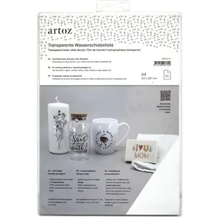 Artoz Transparente Wasserschiebefolie - DIN A4-10 Bogen - für Laserdrucker - Anwendung auf Keramik, Glas, Holz, Metall, Kunststoff, Kerzen, Seife und mehr