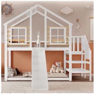 Merax Etagenbett in Blockhaus Design (1-St., Jugendbett Stockbett), Kiefer Hochbett Kinderbett 90x200cm mit Treppe Rutsche Dach Fenstern weiß