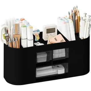 Lvjkes Stiftehalter Aufbewahrungskiste, Schwarz Schreibtisch Organizer | 10 Fächer Große Kapazität,Doppelschicht transparente Schublade,Kann Bleistifte,Buntstifte,Verschiedene Schreibwaren aufnehmen