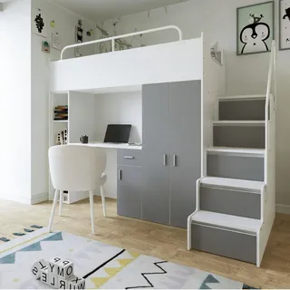 Marlux-Meble Hochbett Kinderbett JSM-4 80x190 mit Kleiderschrank Schreibtisch und Treppe Matt Kinderbetten Funktionsbett Etagenbett Stockbett Kinderhochbett Jugendhochbett (Graphit Matt)