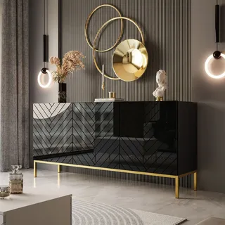 Kommode ELISE 160 schwarz Hochglanz/schwarz auf goldenen Metallgestell SIDEBOARD