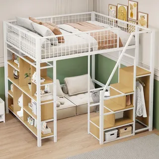 Sweiko Multifunktionales Hochbett 140 x 200 cm, Metallbett mit Stauraum, Ablageflächen und Treppe, Erwachsenenbett und Kinderbett, Weiß, - Weiß/Schwarz