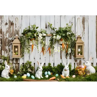YongFoto 2,2x1,5m Frohe Ostern Fotografie Hintergrund Eier Kaninchen Blume Karotten Holzwand Fotohintergrund für Garten Frühling Babyparty Partydekorationen Portrait Fotoshooting Studio Requisiten