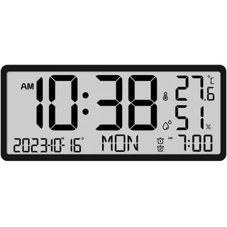 Jioson Wanduhr LCD Wanduhr digital mit Temperatur und Luftfeuchteanzeige (34*15*3 cm,präzises elektronisches Uhrwerk sorgt für genaue Uhrzeit) schwarz
