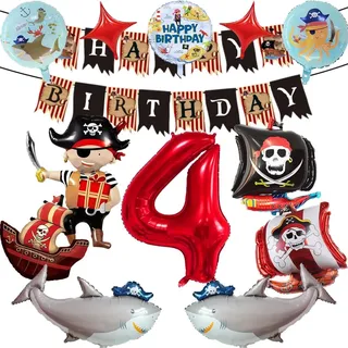 Piraten Geburtstagsdeko, 4 Jahre deko kindergeburtstag, Piraten Figurenförmige Aluminiumfolienluftballons, GeburtstacBanner, Zahlenballons