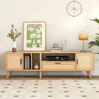BTM Geräumiger 180 cm TV Schrank mit Rattan-Dekoration, 2 Türen und Einer Schublade, Beine aus Massivholz, bietet Platz für einen 80-Zoll-Fernseher, TV-Aufbewahrungsschrank