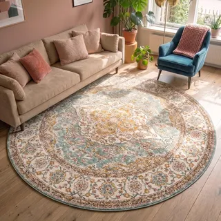 FRAAI | Home & Living Vintage Teppich Rund - Thirza Medaillon Hellblau Bunt - Ø 240 cm - Polyester - Kurzflor - Vintage - Boho, Orientalisch, Wohnzimmer, Esszimmer, Schlafzimmer