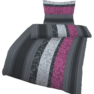 soma Bettwäsche Bettbezug 155x220 80x80 Barock gestreift Boho grau lia bieber warm, Biber, 2 teilig, Warme Biber Flanell Bettwäsche 155x220 Herbst Winter kuschelig weich grau|lila