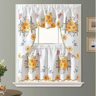 GOHD 3-teiliges Bauernhaus-Küchen-Vorhang-Set, luftgebürstet von Hand mit Sonnenblumen- und Schmetterlings-Design auf dickem Satin-Stoff (Girlande und 61 cm Etagen-Set)