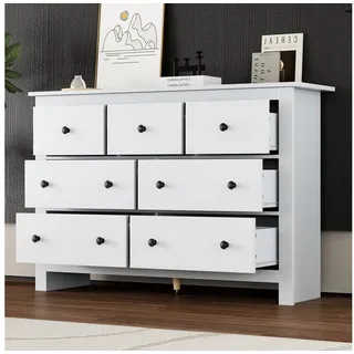 Odikalo Kommode Sideboard Schrank Buffet Schubladen Kaffeebar Weiß/Natur (Moderne minimalistische große Kapazität Esszimmer Schrank mit mehreren Schubladen Buffet, weiß Kaffee Bar Schrank mit 7 Schubladen für Eingang, Küche, Esszimmer und Wohnzimmer) weiß